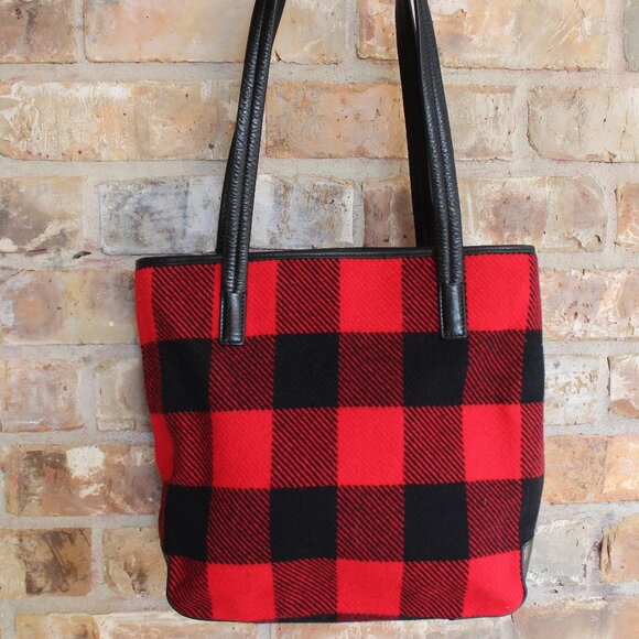 Pendleton 100% Wool / Leather Buffalo Plaid Tote Bag Shoulder Purse - Picture 2 of 15